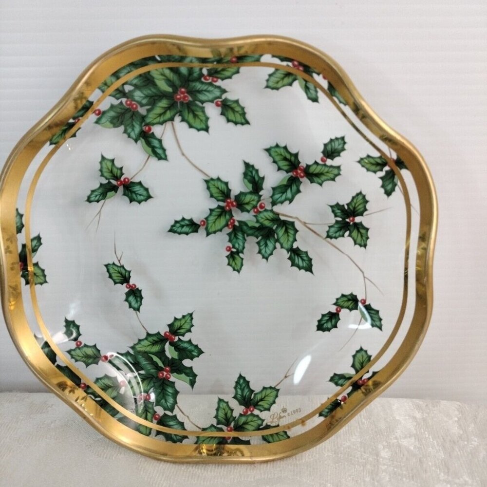 Left on Micho Suzuki Design Christmas Candy Dish Gold Guild & Green 1993 6"X6"
